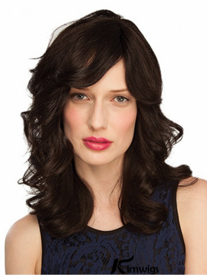 Monofilament Wavy With Bangs Shoulder Length 14 Inch Good Human Hair Wigs