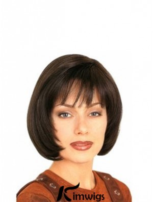 With Bangs Durable Straight Brown Chin Length Real Hair Wigs