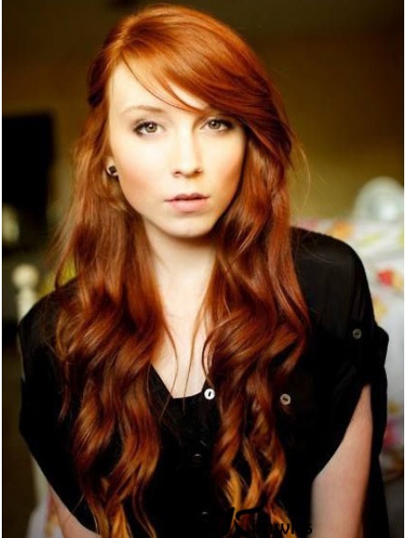 With Bangs Long Copper Wavy 24 inch Trendy Human Hair Wigs