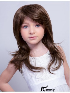 Monofilament 15 inch Straight Long With Bangs Brown Remy Real Hair Kids Wigs Cheap