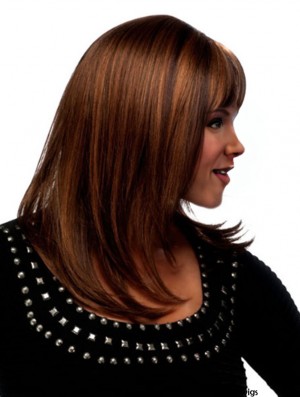 Best Auburn Shoulder Length Straight With Bangs 18 inch Real Hair Wigs