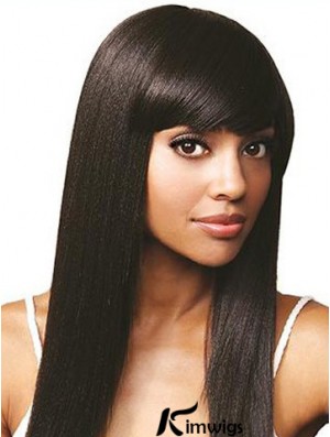 With Bangs Online Straight Black Long Real Hair Lace Front Wigs