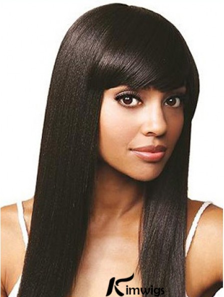 With Bangs Online Straight Black Long Real Hair Lace Front Wigs