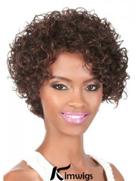 Chin Length Brown Curly With Bangs Natural African American Wigs