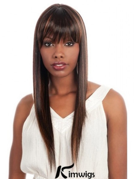 Long Brown Yaki With Bangs Fashionable African American Wigs