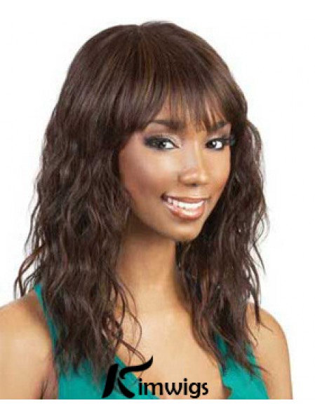Shoulder Length Auburn Wavy With Bangs Soft African American Wigs