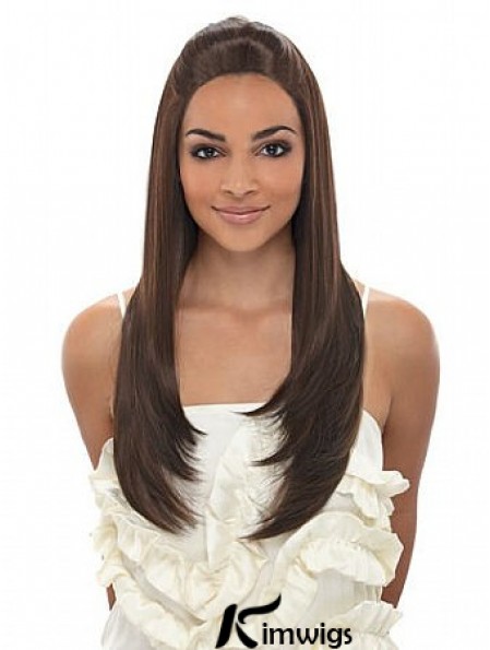Long Brown Straight Without Bangs Fashionable African American Wigs