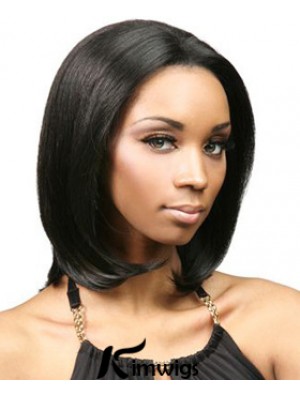 Without Bangs No-Fuss Yaki Black Chin Length Real Hair Lace Front Wigs