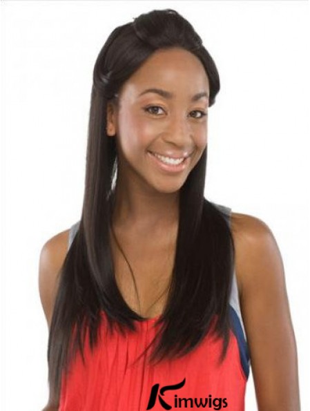 Without Bangs Sleek Straight Black Long Real Hair Lace Front Wigs