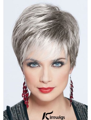 Short Grey Wig With Monofilament Synthetic Straight Style Cropped Length