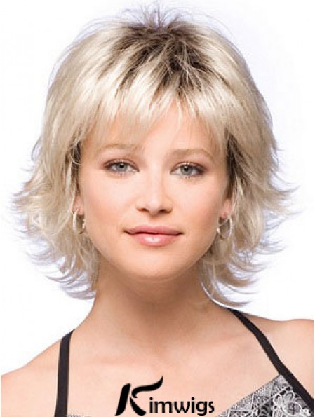 Synthetic Hair Wigs Chin Length With Bangs Blonde Color With Capless