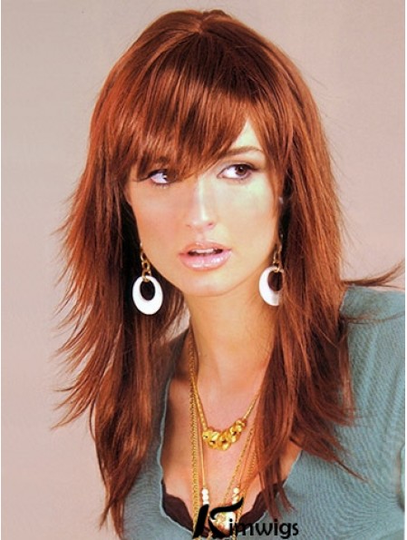 Auburn Color Capless Long Length Layered Cut With Bangs Synthetic Wigs