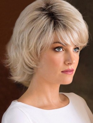 Capless 8 inch Wavy Blonde With Bangs Wigs For Women