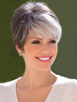 Grey Cropped Capless Boycuts Short Synthetic Wigs For Old Women