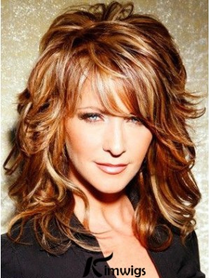 Copper Shoulder Length Curly With Bangs 15 inch Top Medium  Wigs