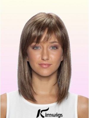 Straight With Bangs Shoulder Length Brown No-Fuss Lace Front Wigs