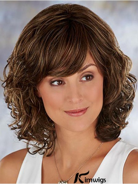 Brown Shoulder Length Wavy With Bangs 13 inch Soft Medium Wigs