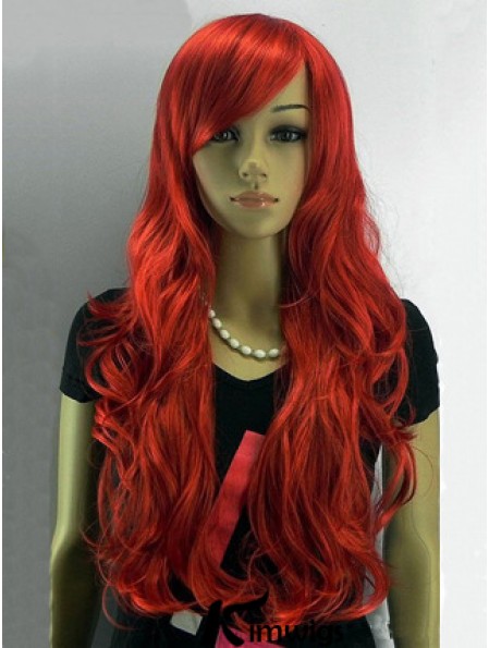 24 inch Wavy With Bangs Capless Red Affordable Long Wigs