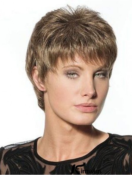 Suitable Brown Cropped Boycuts Straight Glueless Lace Front Wigs