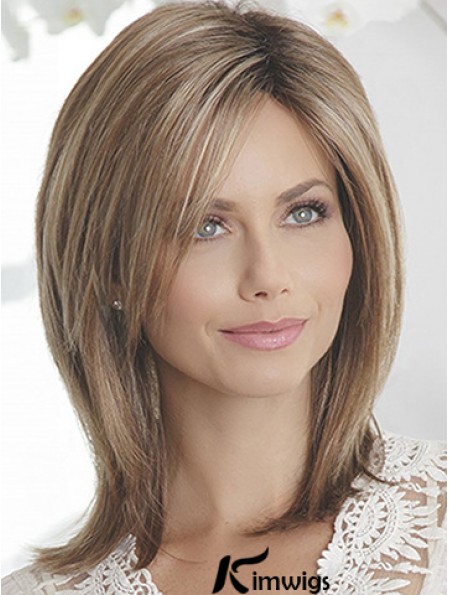 Layered Brown Straight Shoulder Length 14 inch Sleek Medium Wigs