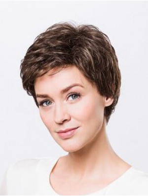 Brown Boycuts Short 8 inch Wavy Synthetic Ladies Monofilament Wigs