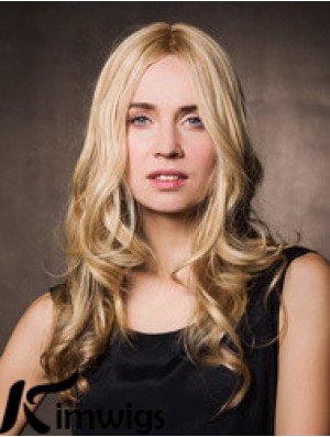 Monofilament Synthetic 17 inch Long Wavy Blonde Without Bangs Cheap Wigs For Cancer Patients