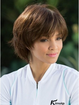 Straight Brown With Bangs 8 inch Mono Top Wigs