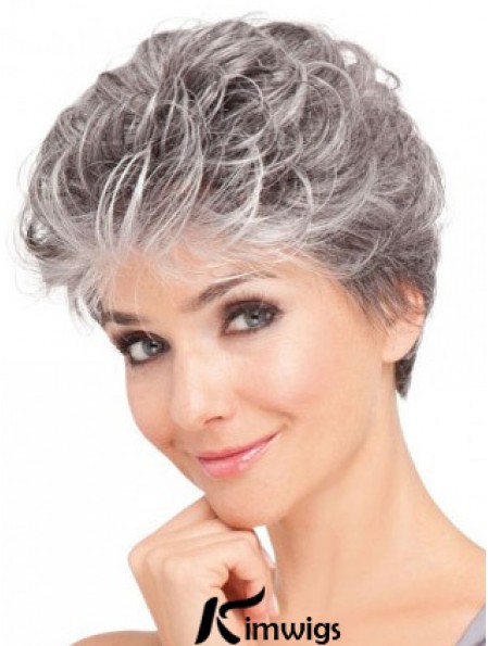 Lace Front Synthetic Grey Short Wavy Elderly Lady Hair Wigs