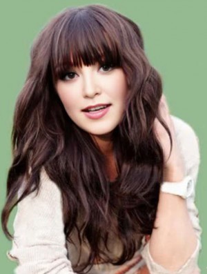 Real Hair  Wigs Long Length Brown Color With Bangs Monofilament