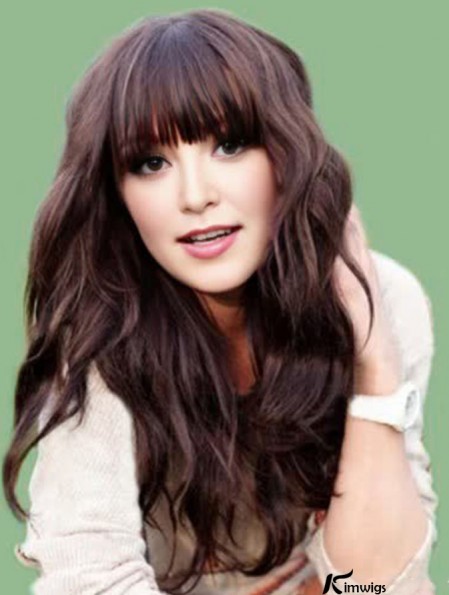 Real Hair Carly Rae Jepsen Wigs Long Length Brown Color With Bangs Monofilament