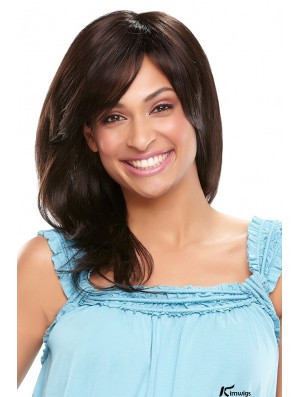 Wavy With Bangs Shoulder Length Black Sleek Lace Front Wigs
