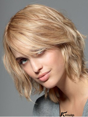 With Bangs Blonde Wavy Shoulder Length 10 inch No-Fuss Medium Wigs