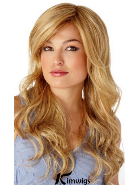 Sleek Blonde Wavy With Bangs Monofilament Long Wigs