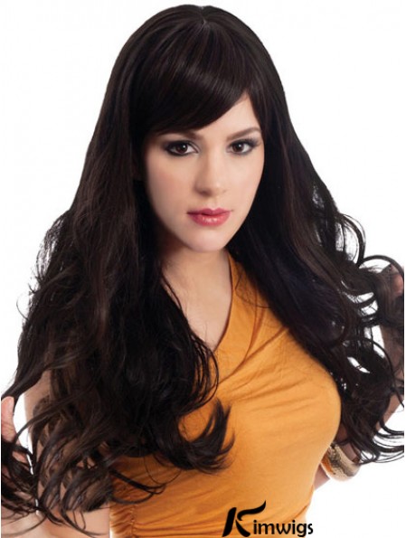 Wavy With Bangs Long Black Sassy Lace Front Wigs