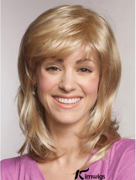 Straight With Bangs Shoulder Length Blonde Popular Lace Front Wigs