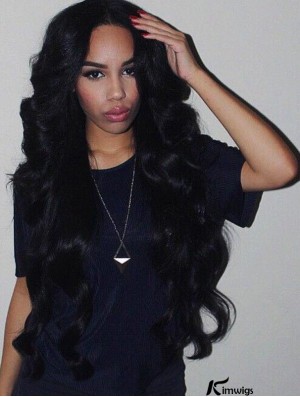 Remy Real Hair 26 inch Without Bangs Black Wavy 360 Lace Wigs