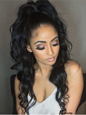 Remy Real Hair 26 inch Without Bangs Black Wavy 360 Lace Wigs