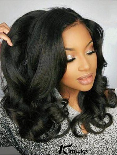 Remy Real Hair Black Wavy 18 inch Without Bangs 360 Lace Wigs