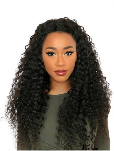24 inch Without Bangs Black Curly Remy Real Hair 360 Lace Wigs