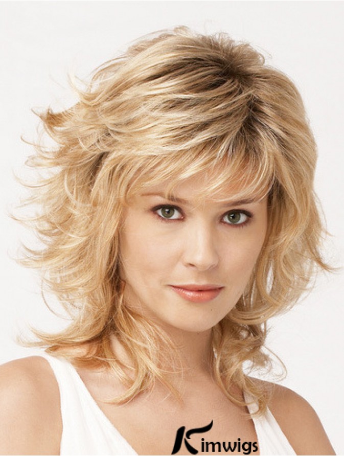 Shoulder Length Layered 13 Inch Wavy Blonde Medium Wigs