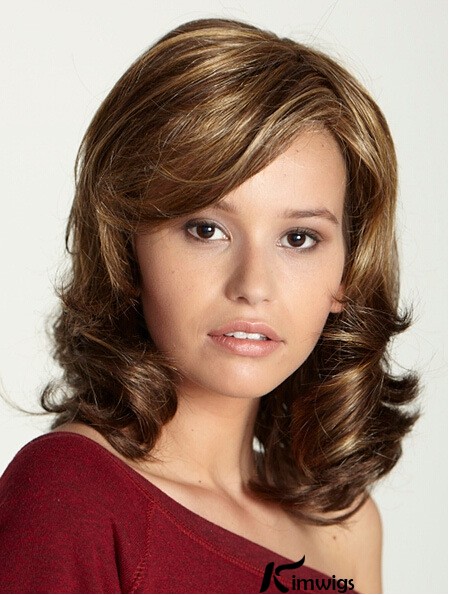 Shoulder Length With Bangs 15 inch Curly Brown Medium Wigs
