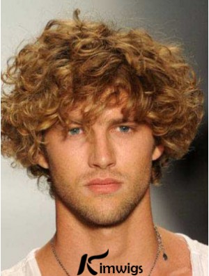 Blonde 8inch Remy Real Hair Curly Layered Capless  Mens Wigs