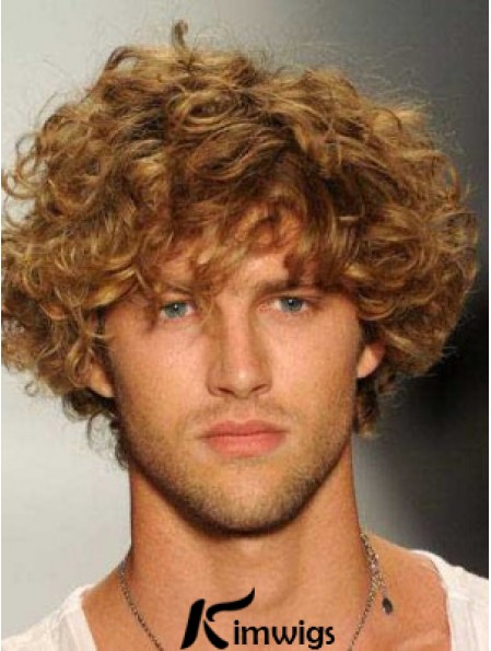 Blonde 8inch Remy Real Hair Curly Layered Capless  Mens Wigs