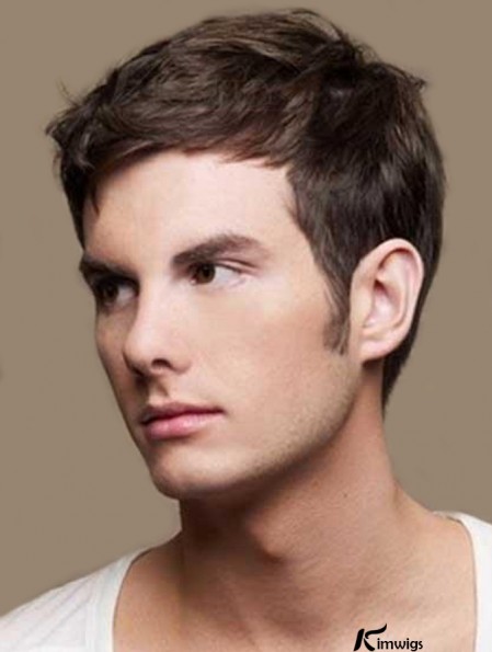 Straight Cropped Remy Real Brown Mens Real Hair Wigs