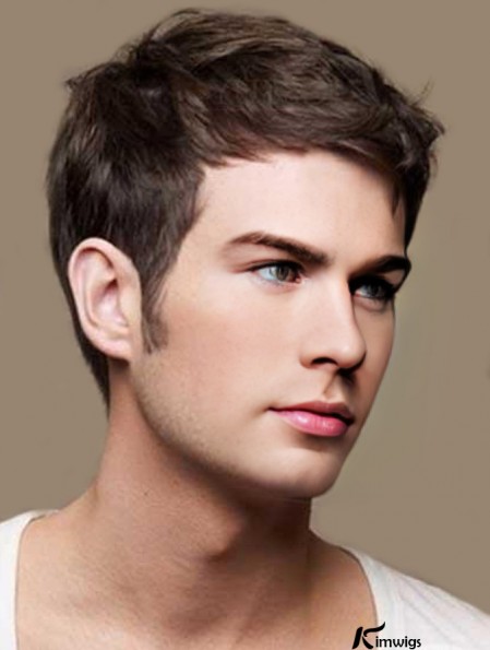 Straight Cropped Remy Real Brown Mens Real Hair Wigs