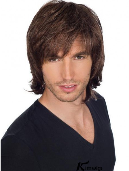 Brown 8 inch Full Lace Short Straight With Bangs Mens Wigs With Bangs