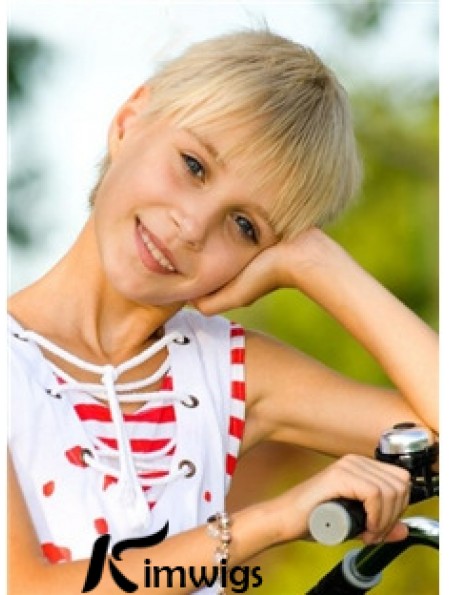 Straight Short Blonde Remy Real Hair 100% Hand-tied Kids Wigs