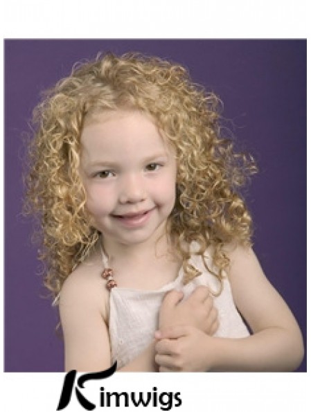 Curly Shoulder Length Blonde Synthetic 100% Hand-tied Kids Wigs