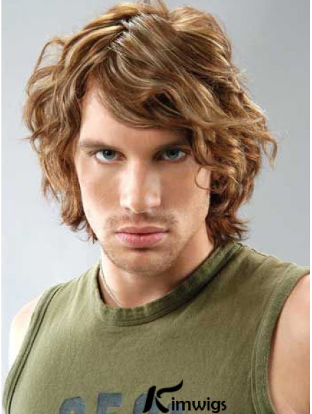 Lace Front Brown Remy Real Curly With Bangs Men's Wigs In UK