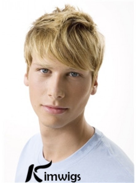 Remy Real 100% Hand Tied Short Wavy Blonde Wigs For Men